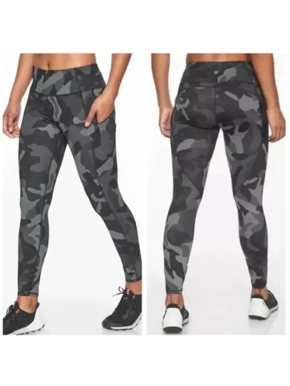 Athleta Contender Leggings 7/8 Pants Tights Camouflage Pockets Black Gray Small